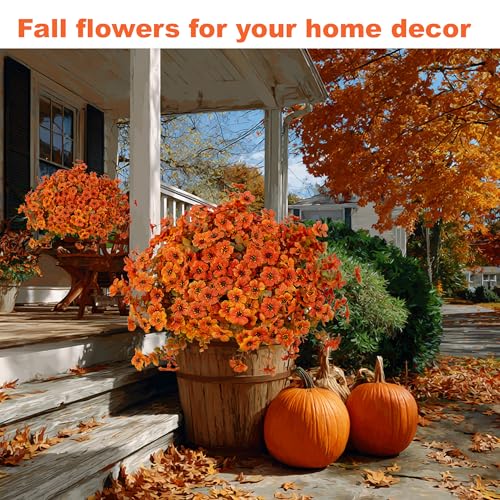 AXYLEX Artificial Fall Flowers Outdoor Fake Mums - 16 Bundles Fake Plants UV Resistant No Fade Faux Plastic Greenery Garden Porch Patio Fall Home Decor (Orangegreen) - color: Orangegreen