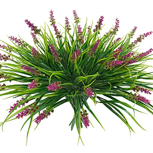 obbsie 12 Bundles Artificial Plants Outdoor, 18.2" UV Resistant Faux Monkey Grass Greenery Stems No Fade Faux Plastic Flowers Shrubs for Home Weddings Garden Porch Front Patio Office Decor - Rose Red - color: Fushia, size: 12 Pcs