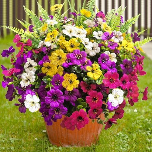 Artificial Fake Flowers for Outdoors,16 Bundles Artificial Plants Outdoor Faux Plants UV Resistant, Realistic Faux Silk Flower 6 Colors Spring Summer Decor for Porch Outside Planter Window Box - color: Redpurple-white, size: 16