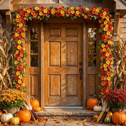 6 ft Fall Artificial Flower Garland for Mantle Autumn Fake Orange Wildflower Floral Sunflower Garland Hanging Vines for Thanksgiving Wedding Arch Table Ceremony Home Party - style: Flower