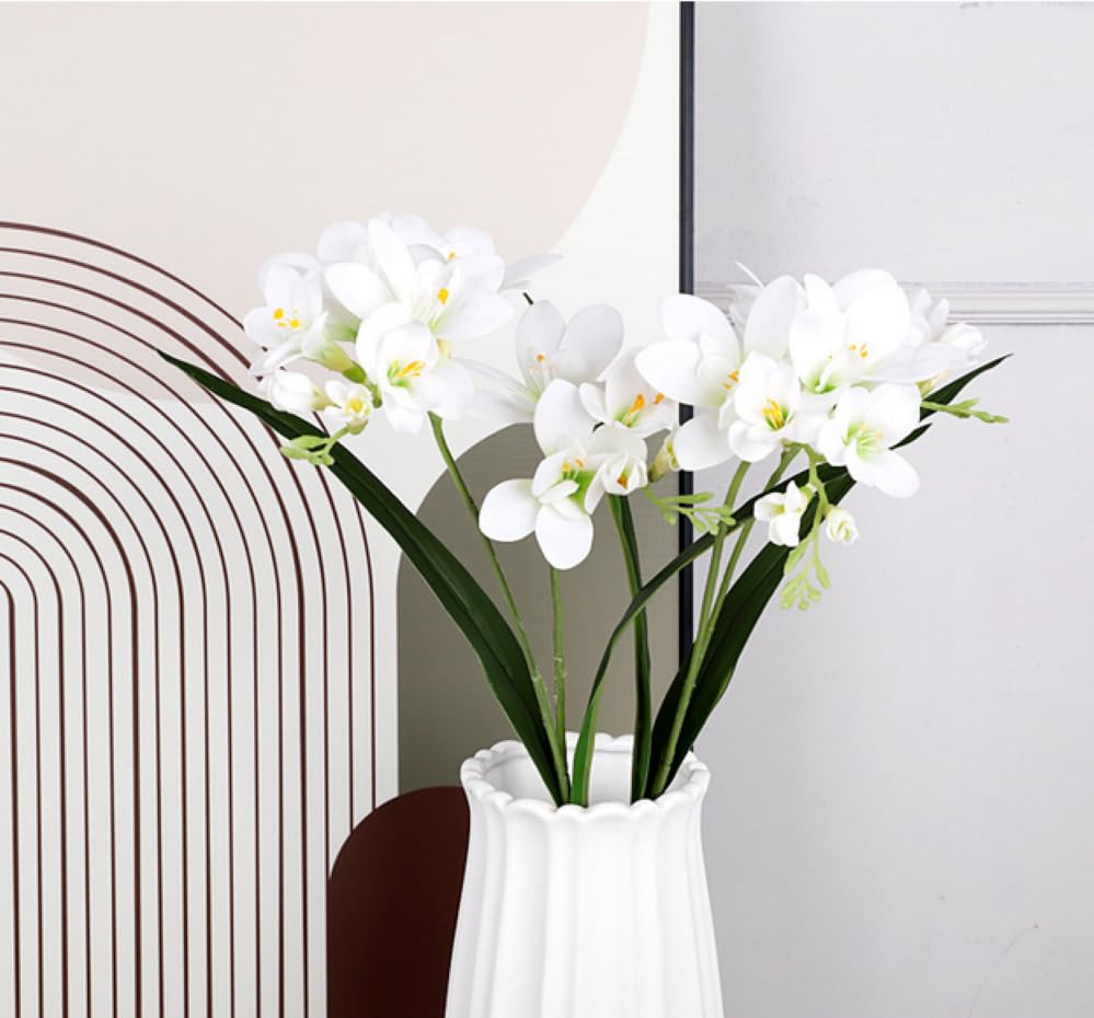 4pcs Freesias Flowers Artificial with Long Stem,24"Real Touch Dendrobium Plants Fake Orchid Leaves,Faux Larkspur Flowers for Outdoor Table Garden Party Wedding Bouquet Fillers,Patio Decor (White) - color: White