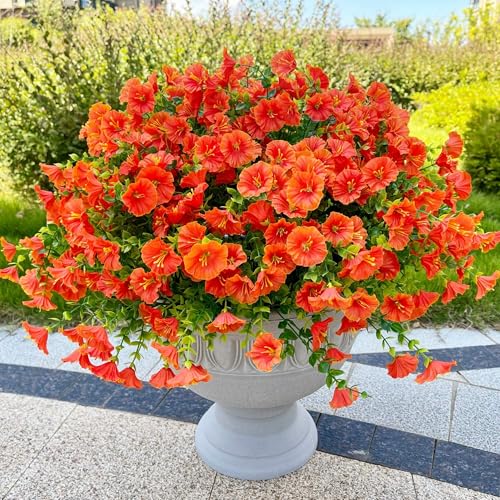 Artificial Flowers for Outdoor Decoration,16 Bundles Fake Silk Realistic Orange Morning Glory UV Resistant Faux Plastic Plants for Planter Porch Patio Yard Balcony(Orange Red) - color: Orange Red