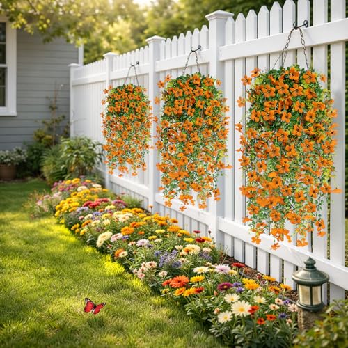 Artificial Hanging Flowers 4 Bundles UV Resistant Fake Flowers for Outdoor Decor Realistic Silk Flower Faux Plants for Patio Porch Garden Yard (Orange) - color: 4pcs Orange