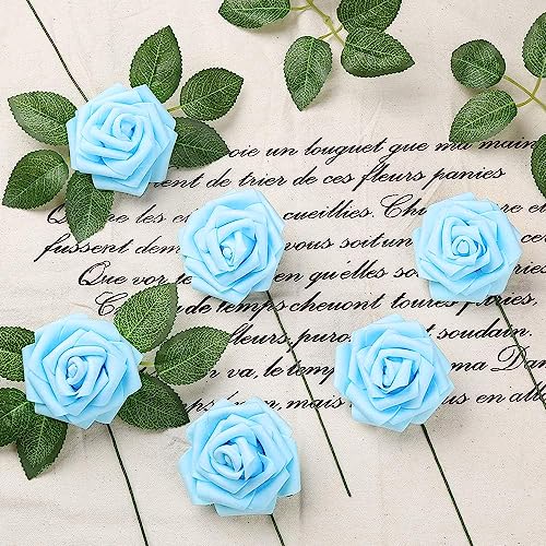 IPOPU 30pcs Baby Blue Roses Foam Flowers Artificial Roses with Stems, Fake Roses with Fake Flowers for DIY Wedding Bouquets Baby Shower Centerpieces Floral Party Home Décor (Light Blue) - color: Light Blue
