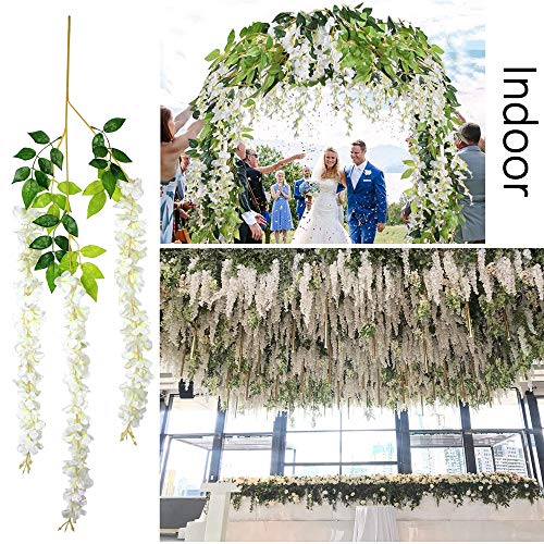 12Pcs Artificial Wisteria Flowers 3.6 Feet/Piece White Dense Artificial Fake Wisteria Vine Ratta Hanging Garland Silk Flowers String Home Party Wedding Decor(White-Dense) - color: White-dense, size: 12 PCS
