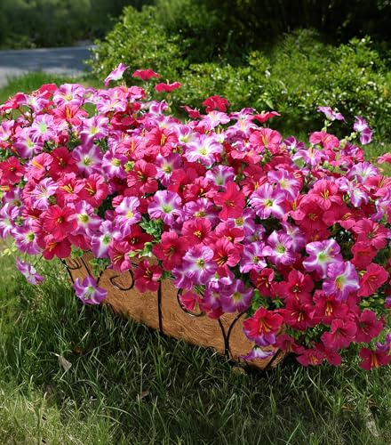 Artificial Flowers for Outdoors Fake Plants Outside Decoration, 20 Bundles Silk Petunia with Eucalyptus UV Resistant Realistic Faux Flowers for Outdoor Planters Garden Balcony Yard Porch Patio, Mix - color: 10 Gradient Fuchsia, 10 Fuchsia