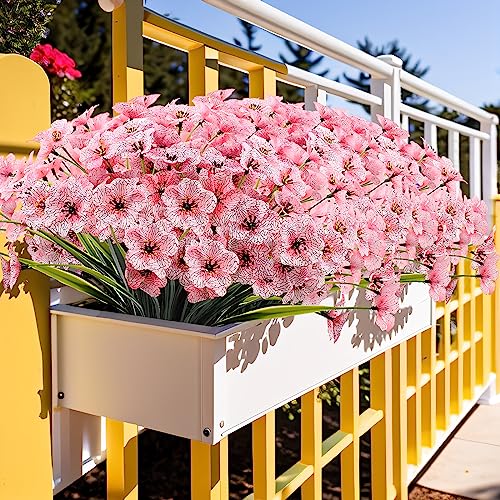 Kinisty 20 Bundles Outdoor Artificial Flowers UV Resistant with Pink Faux Silk Flowers and No Fade Fake Plastic Plants for Spring Summer Outside Planters Porch Window Box Garden Decor - color: Pink