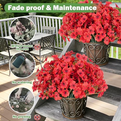 Nepfaivy Artificial Flowers for Outdoors Red - 24 Bundles UV-Resistant Fake Flowers No Fade for Outside, Realistic Plastic Plants and Faux Silk Flowers for Planters, Front Porch, Garden Decoration - color: Red