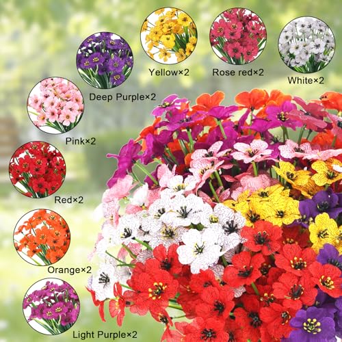 16 Bundles Artificial Flowers for Outdoors UV Resistant Faux Plastic Plants Fake Silk Flowers for Outside Garden Patio Porch Window Box Decoration