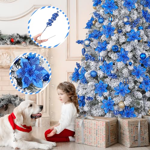 Alupssuc 24 Pieces Christmas Tree Decorations, 12 PCS Blue Poinsettia Flowers Artificial and 12 PCS Glitter Christmas Tree Picks for Christmas Decorations Party Wreath Fireplace Stairs, Blue - color: Blue