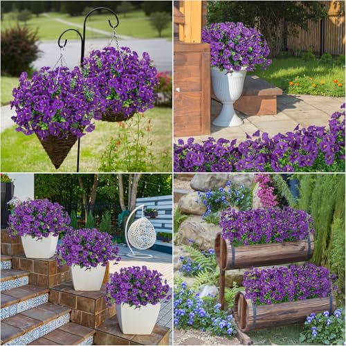 Bassion Artificial Flowers for Outdoors, 20 Bundles Silk Fake Flowers UV Resistant Realistic Morning Glory Faux Eucalyptus Plants for Outside Planters Porch Window Box Garden Indoor Decor - color: Purple
