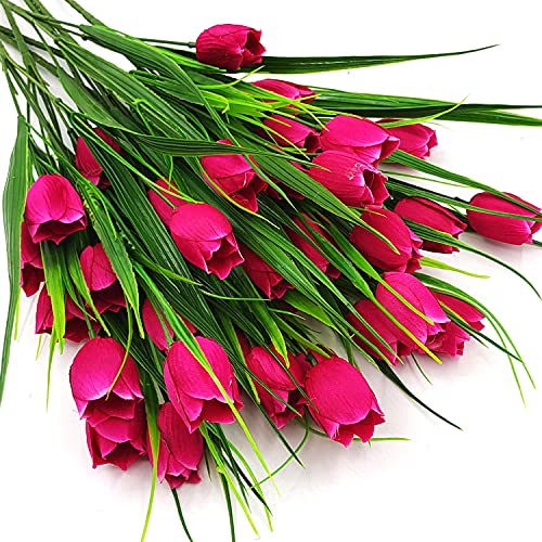 8 Bundles Outdoor Artificial Tulips Fake Flowers UV Resistant Faux Plastic Greenery Shrubs Plants for Home Outside Garden Porch Window Farmhouse Decor (Rose Red) - color: Rose Red