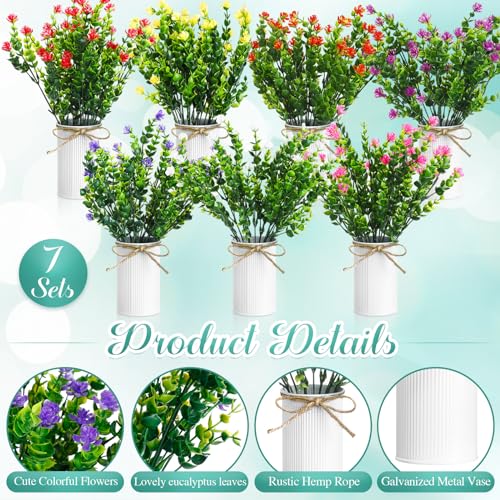 Riceshoot 7 Potted Artificial Small Wildflower Eucalyptus Table Centerpiece Decoration with Metal White Pots 17'' Tall Colorful Summer Flower Spring Fake Floral Mixed Blooms Vase Home Wedding Decor