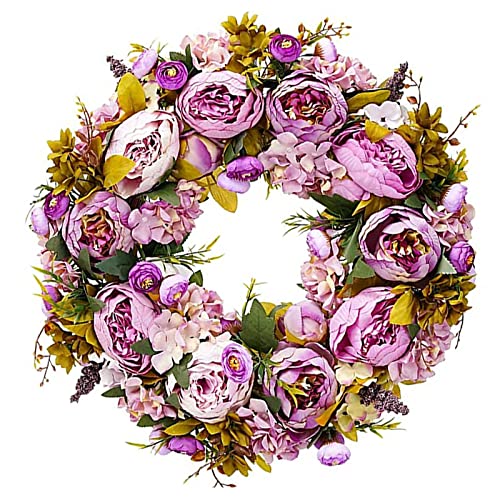 BOMAROLAN Artificial Peony Flower Wreath 19Inch Vintage Blooming Silk Peonies Spring Summer Fall Winter Large Wreaths Flower Green Leaves for Outdoor Front Door Indoor Wedding Wall Or Window Décor - color: Purple
