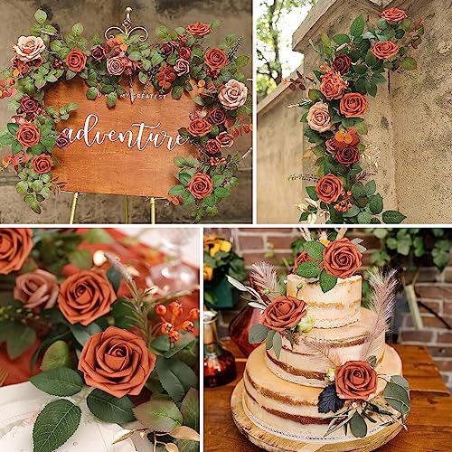 AmyHomie Artificial Flowers Burnt Orange Rose 25pcs Real Looking Fake Roses w/Stem for DIY Wedding Bouquets Centerpieces Arrangements Party Baby Shower Valentines Day Christmas Tree Decorations - color: Burnt Orange