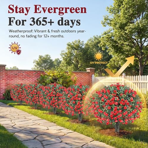 PATIO CHOICE Topiary Trees Artificial Outdoor Boxwood Ball Trees with Rose Set of 2 22" Fake Outdoor Plants Faux Bushes and Shrubs Decorations for Outdoor Indoor Front Porch Garden - color: Rose, size: 22in