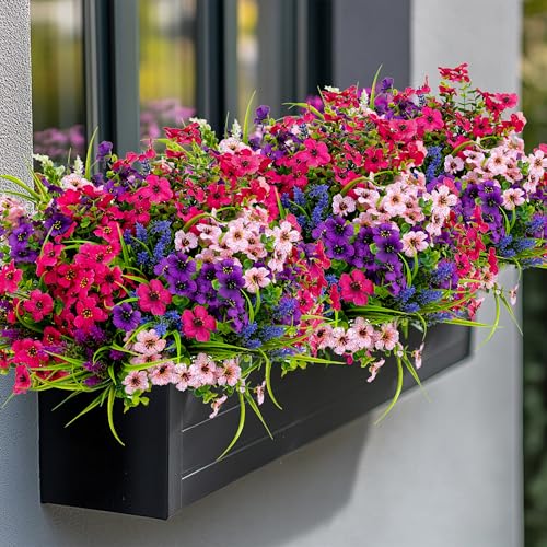 AXYLEX Artificial Flowers for Outdoors, 16 Bundles Fake Plants (Mixed) | UV resistant faux plastic flowers, no fade artificial greenery – garden, patio, porch & home - color: Mix White Purple Pink Lavander