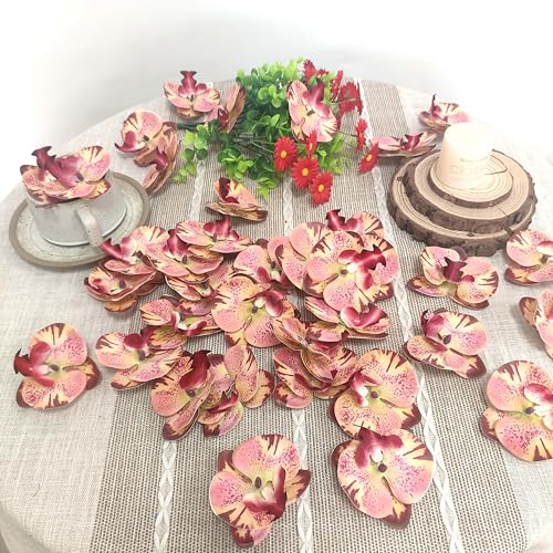 Fake Orchids Artificial Flowers Heads, 3.5''Fake Orchid Heads for Wedding Floral Bouquet Decor DIY Craft Making Bridal Shower Photography Props (80, Pink+Burgundy) - color: Pink+burgundy