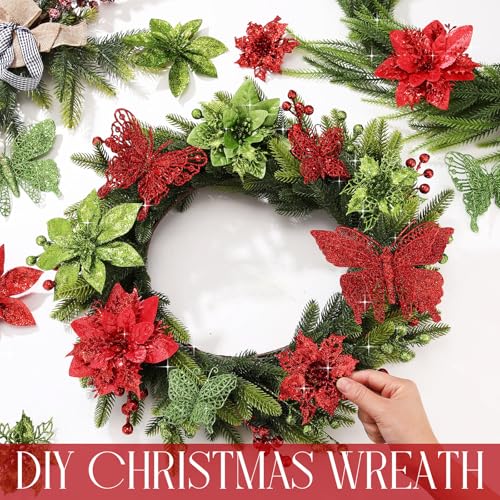 Thiccywoov 122 Pcs Christmas Glitter Poinsettia Artificial Flowers Berry Picks Butterfly Christmas Tree Ornaments 3 Styles Poinsettia kit with Clip for Xmas Wreath Home Tree Decor(Red, Green) - color: Red, Green