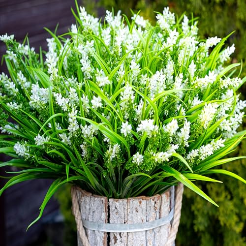 AXYLEX Artificial Flowers for Outdoors Plants - 20 Bundles Fake Lavender Plastic Faux Monkey Grass UV Resistant for Home Decorations (20, White) - color: White