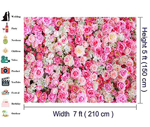 Pink Red Rose Flowers Theme Photography Backdrops 7x5ft Baby Shower Wedding Happy Birthday Day Photo Background Dessert Cake Table Decoration Supplies Studio Props Banner Vinyl