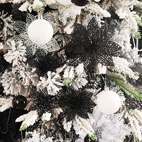 Wironlst 24 Pieces Glitter Poinsettia Flowers Christmas Tree Ornaments, Glitzy Poinsettia Bushes Christmas Decorations for Xmas/Holiday/Seasonal/Wedding (Black) - color: Black
