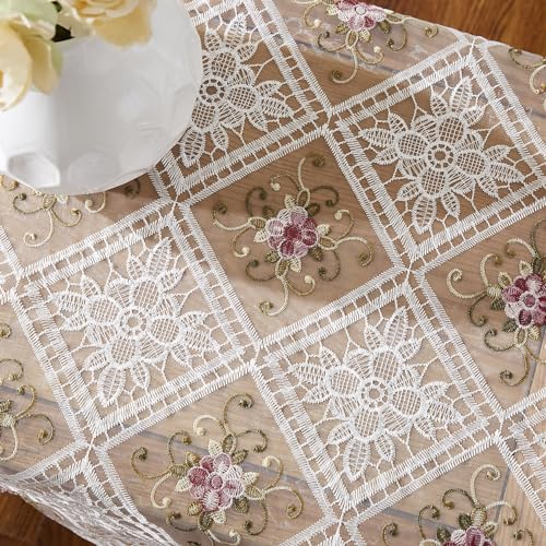 LinenZone White Farmhouse Table Runner with Flower Design. 48 Inch Dining Macrame Table Runner for Country Decor. (Viola 16 x 48, White) - color: White, size: 48" x 16" (Rectangular)