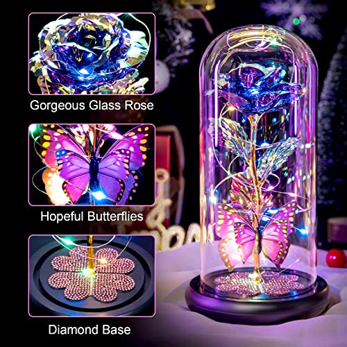 Mothers Day Mom Gifts for Mom Women Birthday Gift Galaxy Glass Rose in Glass Dome Forever Eternal Crystal Flowers with Butterfly Mother's Day Flower Gifts for Women Wife Grandma Daughter Sister Purple - color: A Purple