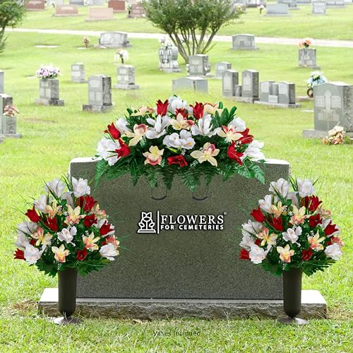 Sympathy Silks Artificial Cemetery Flowers - Grave Decoration - Red Tulips and White Iris (1) Headstone Saddle (2) Bouquets (2) Vases - color: Red/White, size: (1) Saddle (2) Bouquets (2) Vases