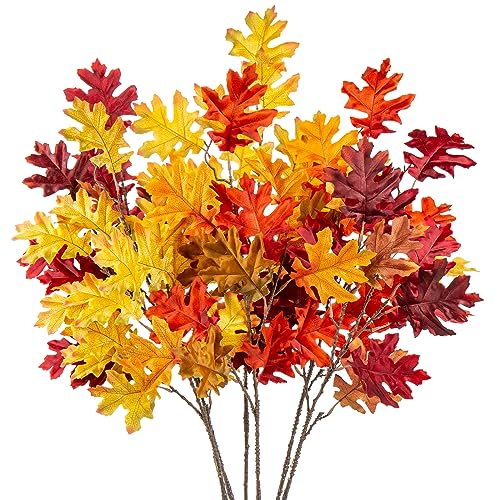 Briful 6PCS Artificial Fall Leaves Stems 32'' Fall Foliage Branches Autumn Oak Leaves Spray for Home Kitchen Farmhouse Thanksgiving Table Centerpiece Mantle Halloween Décor(Mixed Color)