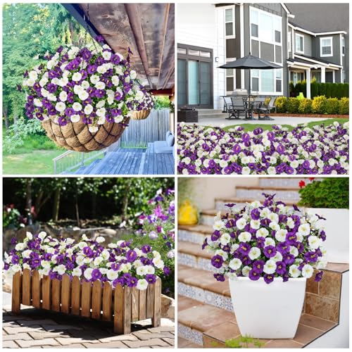 Artificial Flowers for Outdoors, 16 Bundles Mix Color Silk Faux Flowers Morning Glory UV Resistant Eucalyptus Plants Fake Petunias Plants for Porch Garden Planters Window Box Outside Indoor Decor - color: Purple White