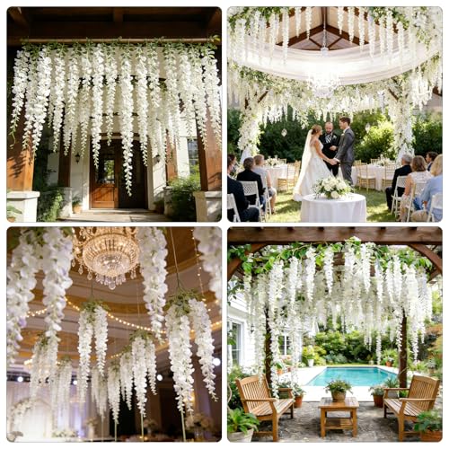 LFF 24 Branches White Wisteria Hanging Flowers, 4.58FT Fake Silk Wisteria Artificial Flowers, Faux Wisteria Garland for Wedding Arch, Party Backdrop, Home & Party Decoration (55 Inches Long) - size: Long/8Pack