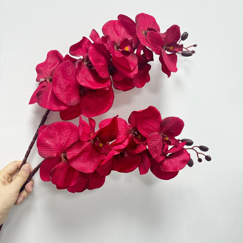 Rikyo 8 Heads Faux Orchid,40" Bouquets 2 Stem Phalaenopsis No Fade Petals Fake Flowers Forever Plants for Home Decoration, Office Decor,Wedding Party Decoration (Red) - color: Red