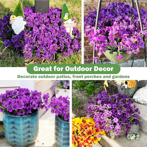 Nepfaivy Artificial Outdoor Flowers Purple - 24 Bundles Fake Flowers for Outside Uv-Resistant, Real Look Silk Faux Flowers for Outdoor Planters, Realistic Plastic Flowers for Garden Porch Patio - color: Dark Purple