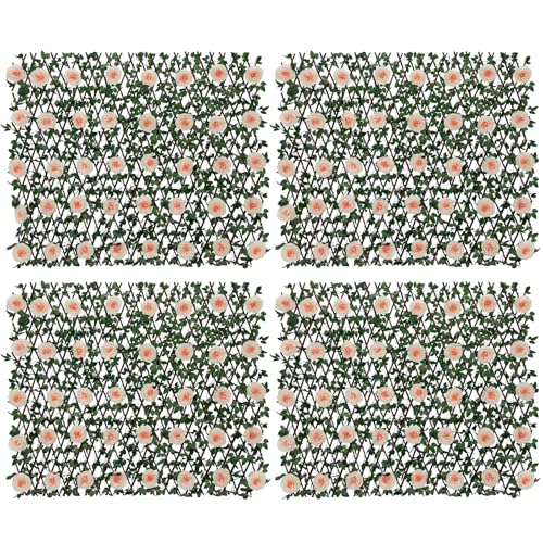 Expandable Fence Privacy Screen with Artificial Flower, Greenery Expandable Stretchable Covers Panel Privacy Fence for Balcony Patio Garden, Single Sided Leaves (Pink Rose, 4 Pack) - color: Pink Rose, size: 4 Pack