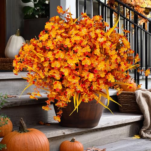 AXYLEX Artificial Mums for Outdoor Fall Flowers - Fake Plants UV Resistant No Fade Faux Plastic Home Decor Garden Porch Patio (1, OrangeMixed) - color: Orangemixed