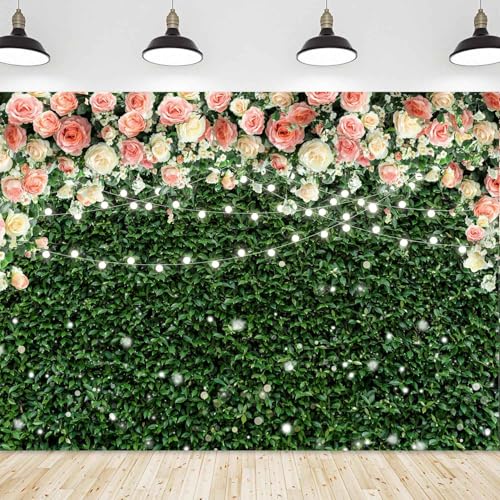 Sensfun Flower Wall Backdrop Spring Pink Rose Blossom Green Leaves Photography Background Floral Grass Birthday Baby Shower Miss to Mrs Wedding Bridal Shower Backdrops Portrait Photo Booth Props 7x5ft - size: 7x5ft