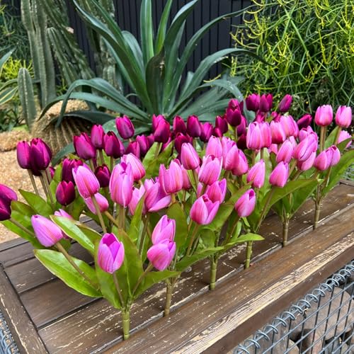 Artificial Fake Flowers Tulip for Outdoor Decoration,UV Resistant Faux Plastic Fabric Greenery Shrubs Plants Fake Flowers Hanging Planter Kitchen Home Garden Wedding Decor (Light Purple) - color: Light Purple