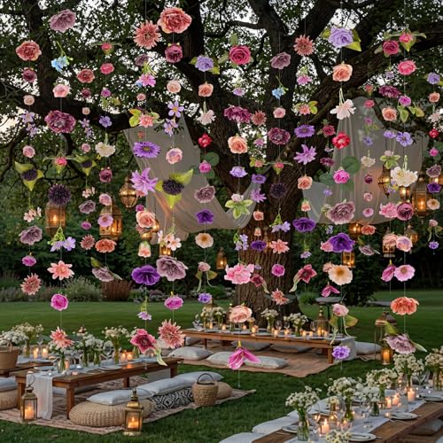 Suncalla 6 Pcs 35.46 ft Flower Garlands Backdrop Garden Party Decoration Artificial Wildflower Vines Fake Flower Vines Faux Silk for Wedding Bridal Wall Arch(Classic,Purple) - color: Purple