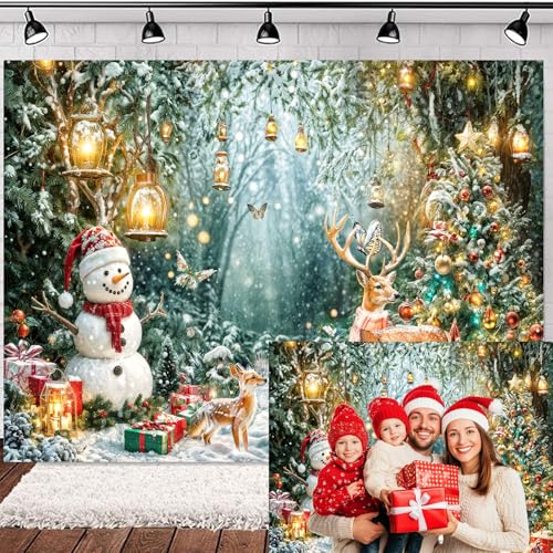 Winter Wonderland Backdrop Christmas Forest Scene Snowy Tree Snowman Deer Photography Background Xmas Holiday New Year Family Party Decorations Banner Photo Booth Studio Props 5X3FT - color: White, size: 5X3FT