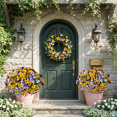 16 Pcs Artificial Pansy Flowers for Outdoor Faux Silk Spring Flowers for Outside, UV Resistant Realistic Pansies for Window, Front Door, Porch and Home Decor (16, Purple, Yellow, White, Light Purple) - color: Purple, Yellow, White, Light Purple