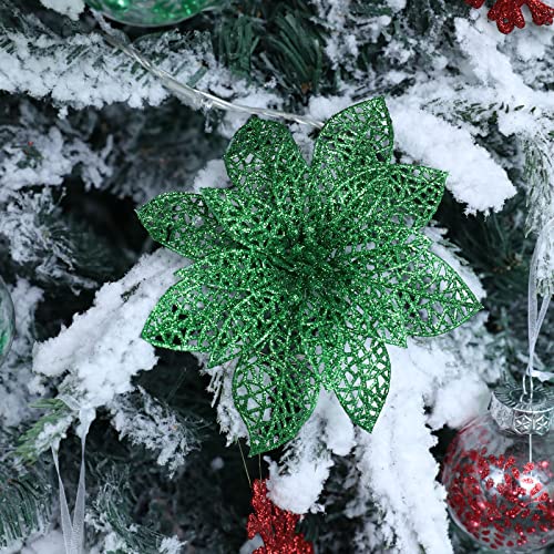 Wironlst 24 Pieces Glitter Poinsettia Flowers Christmas Tree Ornaments, Glitzy Poinsettia Bushes Christmas Decorations for Xmas/Holiday/Seasonal/Wedding (Green) - color: Green