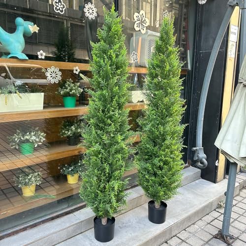 Artificial Cedar Topiary 5ft Fake Cypress Trees Faux Cedar Potted Plants Pine Cypress for Outdoors Indoors Front Home Decor 2 Pack