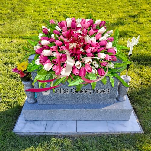 FLOWERIA Spring Flowers for Cemetery Grave Decoration Headstone Flower Saddle with Artificial Tulips, Large Size - color: Pink-white, size: Saddle