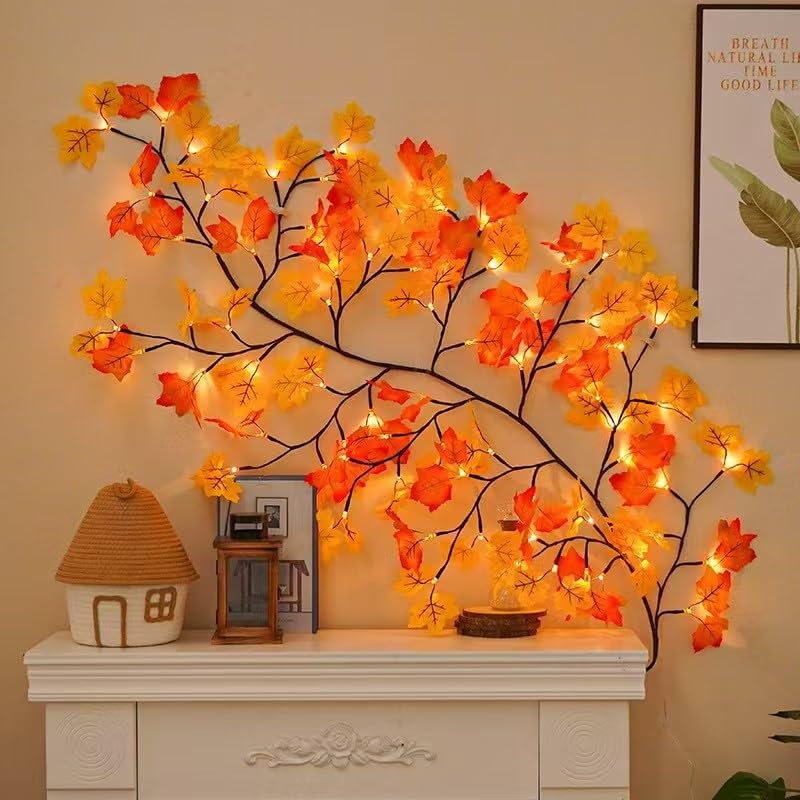 Maple Leaf LED Tree Branch Lights for Wall, Maple Leaf Lights Twig Decor Garland with144 LED Lights and USB Powered, 8 Lighting Modes or Autumn Table Fireplace Porch Thanksgiving Indoor Decor (91in) - size: 91in, style: Maple leaf