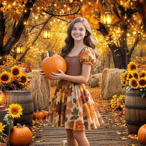 Fall Photo Backdrop, Autumn Forest Scenery Maple Leaves Pumpkins Sunflowers Photography Background, Fall Farm Harvest Thanksgiving Day Friendsgiving Party Decorations Photo Booth 5X3FT - color: Orange, size: 5X3FT