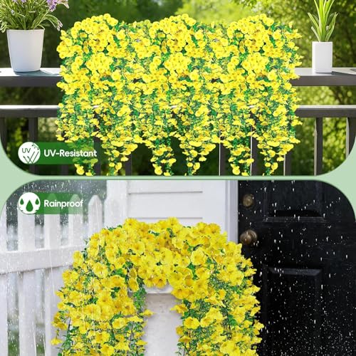 Artificial Hanging Flowers for Outdoors, 4Pcs UV Resistant Artificial Hanging Morning Glory Flowers, Spring Realistic Faux Outdoor Flower for Porch Patio Yard Garden Farmhouse Decor (Yellow) - color: Yellow