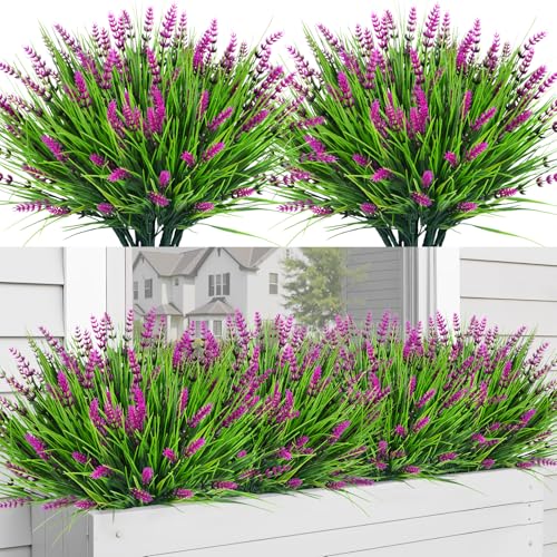 Bassion Artificial Flowers for Outdoors, 24 Bundles Fake Lavender Flowers UV Resistant Fuchsia Plastic Plants Faux Monkey Grass for Home Porch Garden Window Box Indoor Outdoor Decorations - color: Fuchsia, size: 24 Bundles