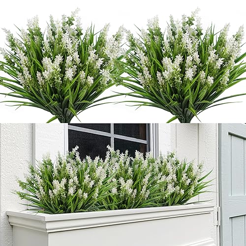 RECUTMS 12Pcs Artificial Plants & Flowers for Outside Outdoor Artificial Flowers Fake Outdoor Plants Faux UV Resistant Flower Plastic Shrubs Indoor Outside Hanging Decorations(White) - color: White