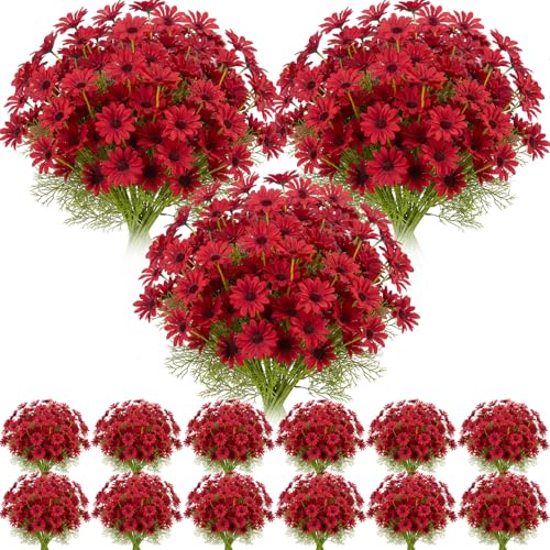 Giegxin 100 Pcs Artificial Daisy Flowers Bulk Realistic Fake Daisies Faux Wildflower Daisy UV Resistant Silk Fake Flowers Plants for Outside Wedding Garden Home Table Decor (Red) - color: Red